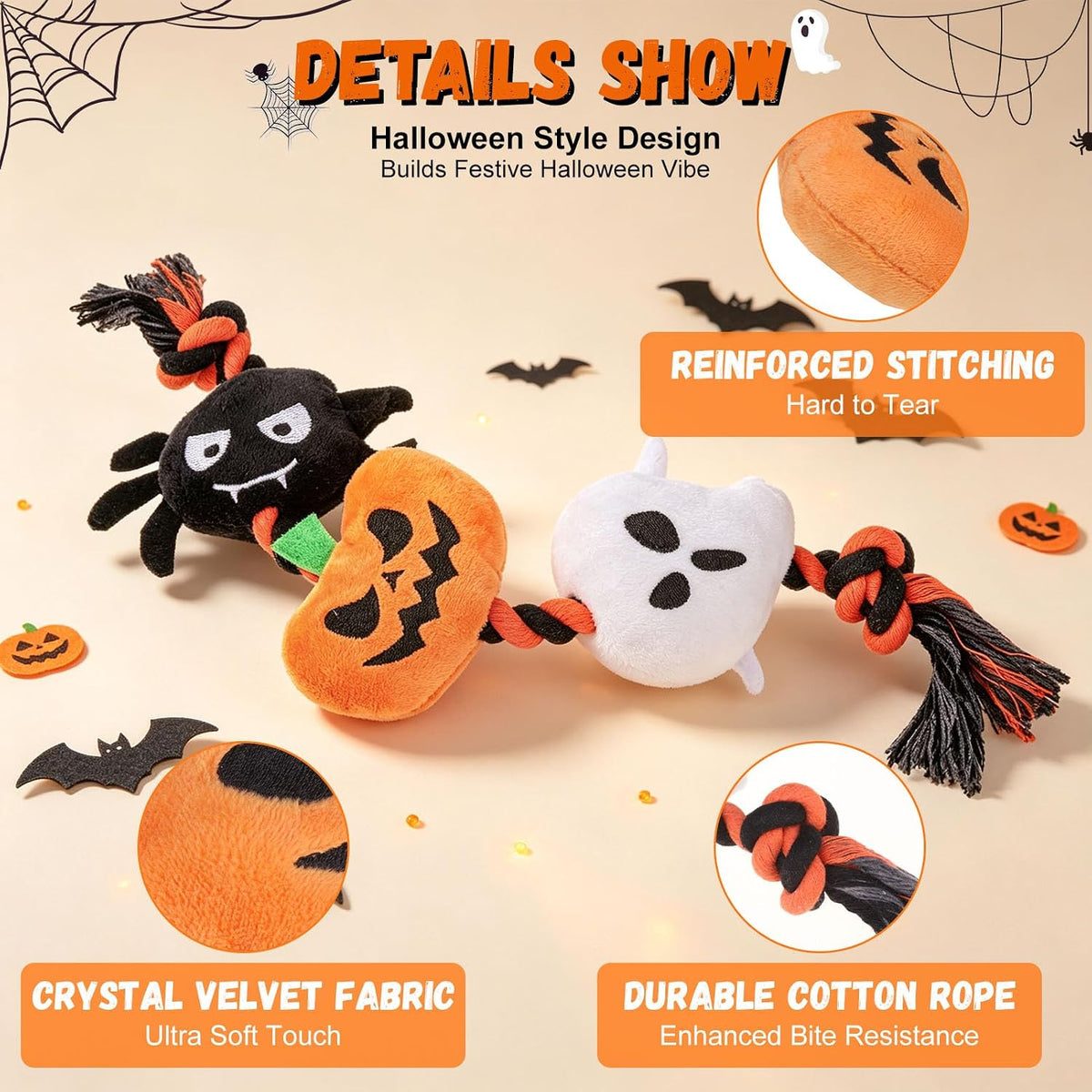 Halloween Squeaky Dog Toy for Small Dog to Keep Them Busy, Interactive Dog Rope Toy with 3 Squeakers, Funny Plush Stuffed Toys for Puppy Pet Tug of War Playing Training, Pumpkin+Spider+Ghost