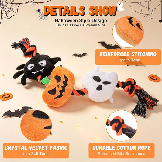 Halloween Squeaky Dog Toy for Small Dog to Keep Them Busy, Interactive Dog Rope Toy with 3 Squeakers, Funny Plush Stuffed Toys for Puppy Pet Tug of War Playing Training, Pumpkin+Spider+Ghost