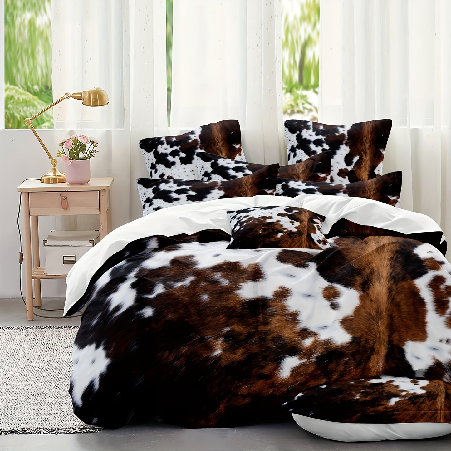 Brown And Black Cow Pattern Yak Leather Bedding Set with Washable Ultra-Fine Microfiber Duvet Cover, Soft And Comfortable, Does Not Include The Down Comforter, Available in 2 Or 3pcs Sets.