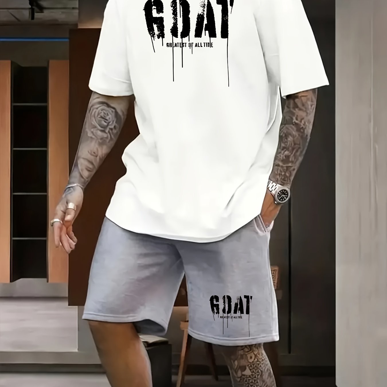 Mens Stylish Goat Print 2pcs Set - Casual Sportswear Outfit with Drawstring Shorts & Short Sleeve Top - Perfect for Spring Summer, Holidays, Leisure, Vacation, and Outdoor Fitness