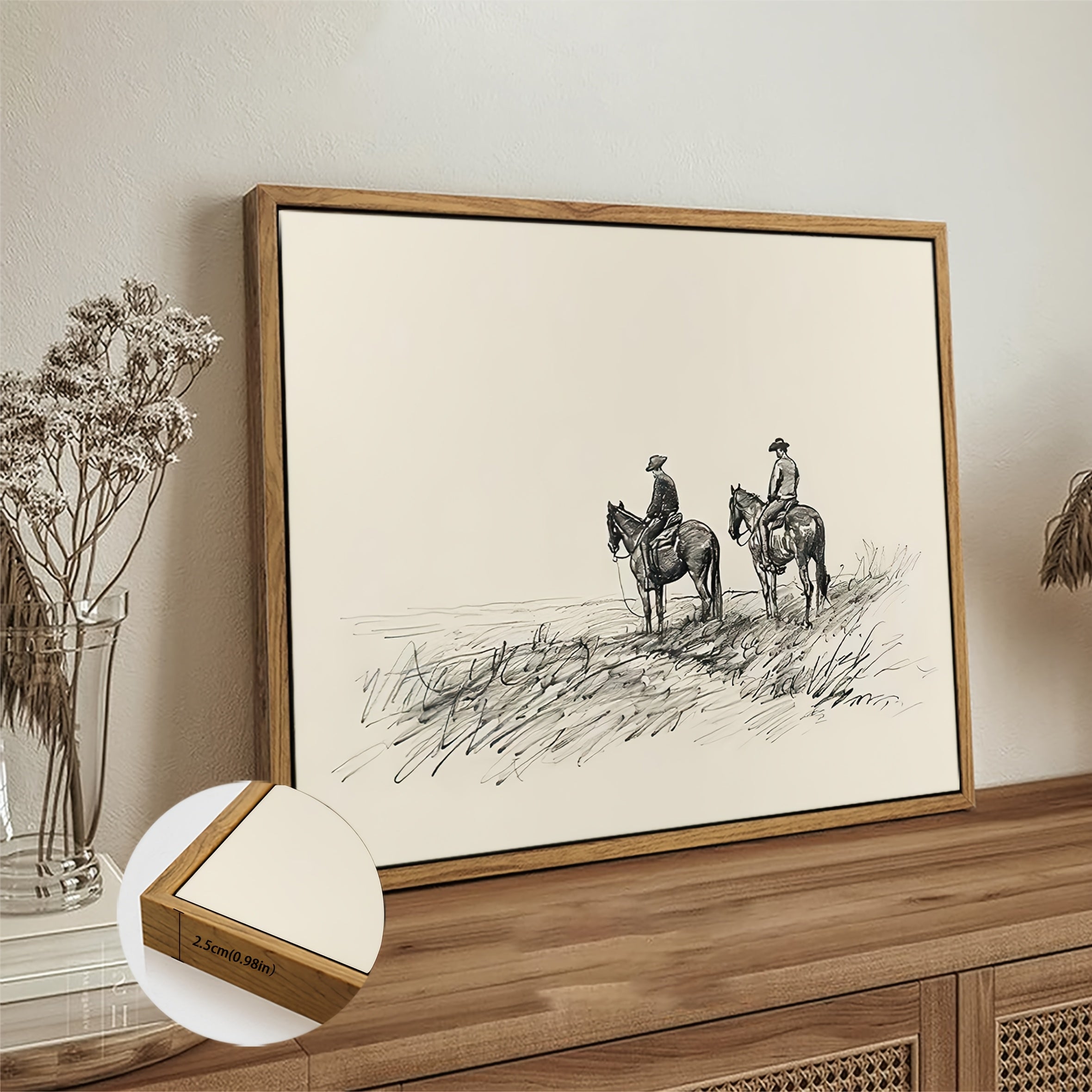 1pc, framed, vintage art, western cowboy horse sketch art mural, retro farmhouse wall decoration painting, home decor, wall decoration, autumn decoration, suitable for dorm, apartment, bedroom, living room, home office decora