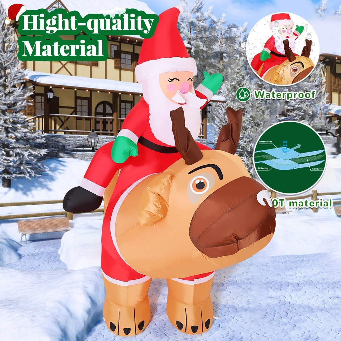 5 FT Inflatable Santa Claus Riding Pug Dog Outdoor Decoration with LED Lights for Christmas Holiday Party and Indoor Garden Lawn Decor