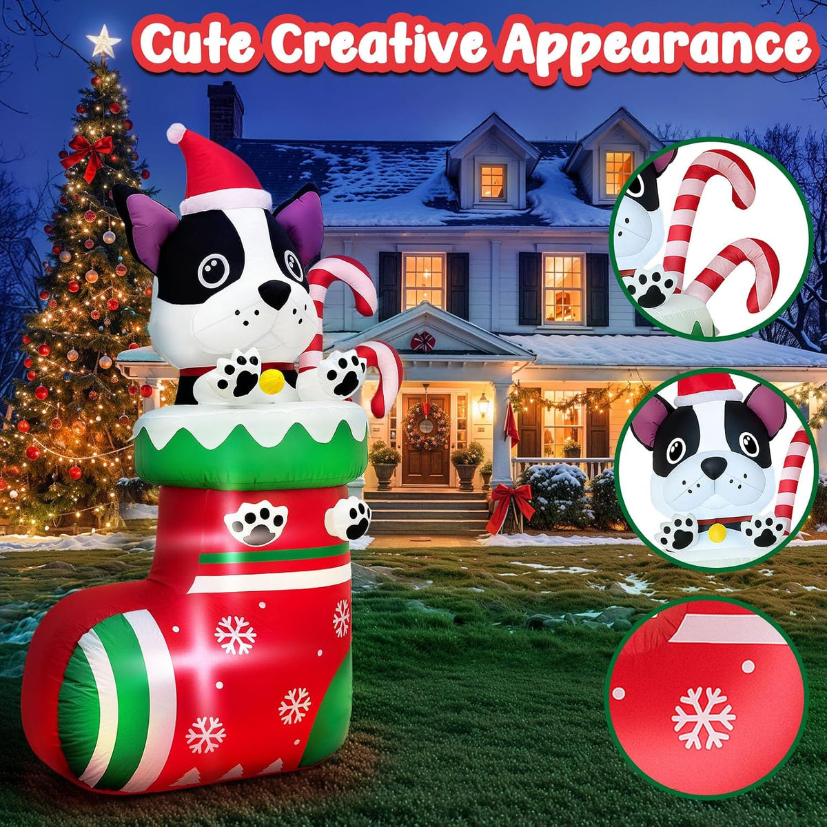 6FT Inflatable Christmas Dog in Stocking with LED Lights and Candy Cane - Outdoor Holiday Yard Decoration for Parties and Gardens