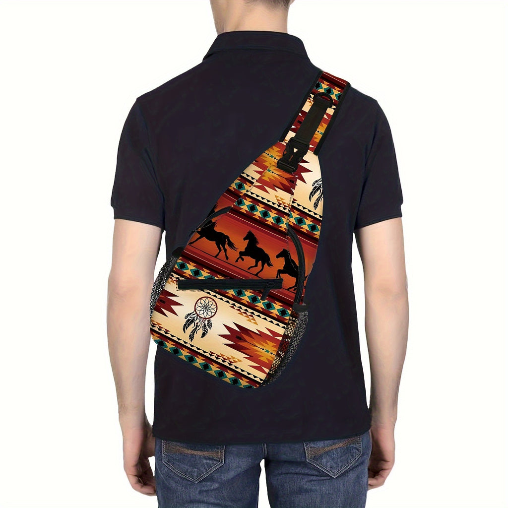 Totem Style Horse Pattern Print Casual Sling Bag, Men's And Women's Crossbody Bag For Travel & Daily Commute