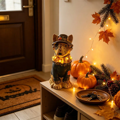 Halloween Illuminated Dog Figurine - 7.9in Scarecrow Dog Statue with Glowing Pumpkin, Waterproof Resin Table and Yard Decor