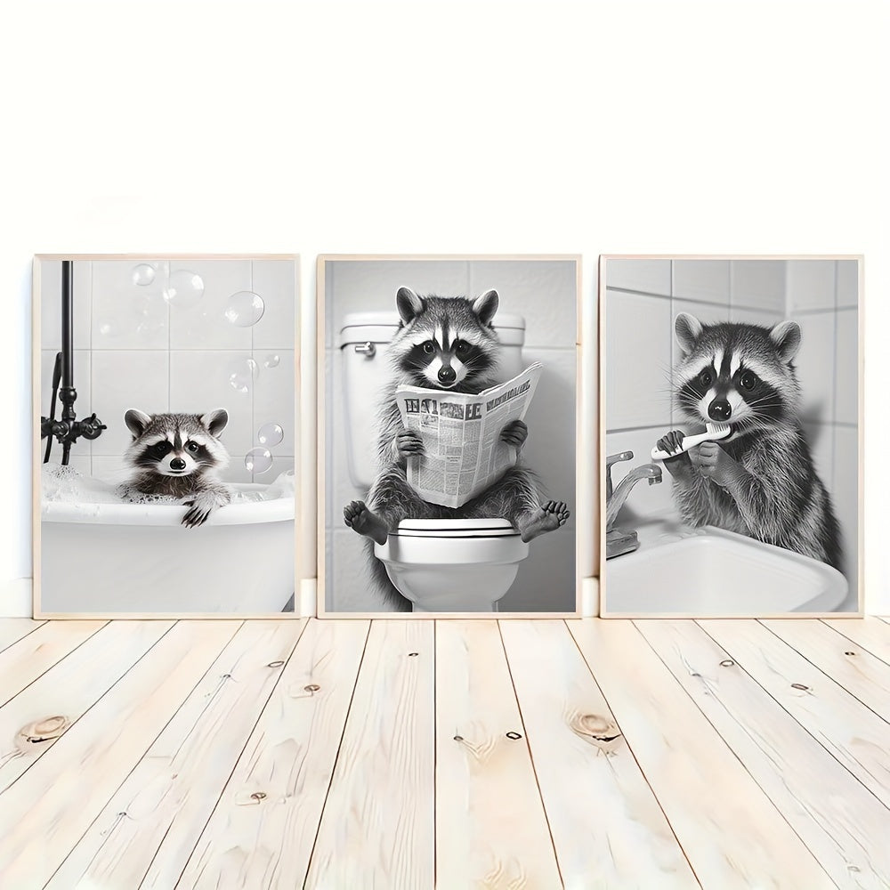 Set of 3 Raccoon Canvas Wall Art Prints - Modern Art Deco Animal Theme, Contemporary Portrait Orientation Black and White Posters for Bathroom, Bedroom, Living Room Decor, Unframed Indoor Hanging Decor