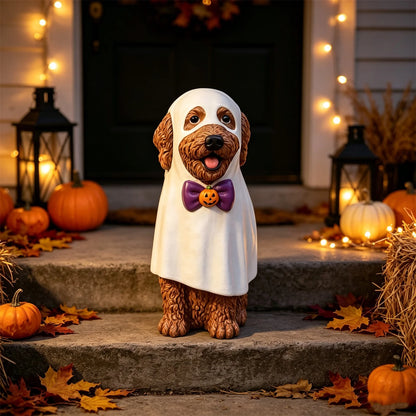 Halloween Illuminated Dog Figurine - 7.9in Scarecrow Dog Statue with Glowing Pumpkin, Waterproof Resin Table and Yard Decor