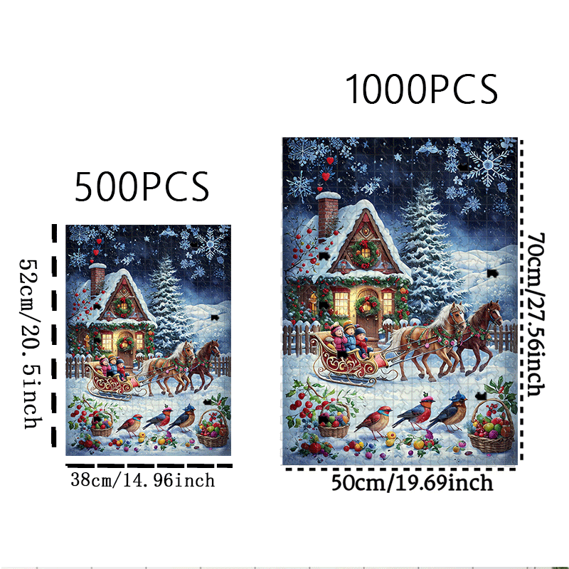 500/1000pcs Winter Village Jigsaw Puzzle for Adults & Families - Large-Scale Snowy Cottage, Sleigh & Horse-Drawn Carriage with 1000pcs (500 Optional) - Challenging Brain Teaser, Christmas/Birthday Gift, DIY Home Decor Puzzle