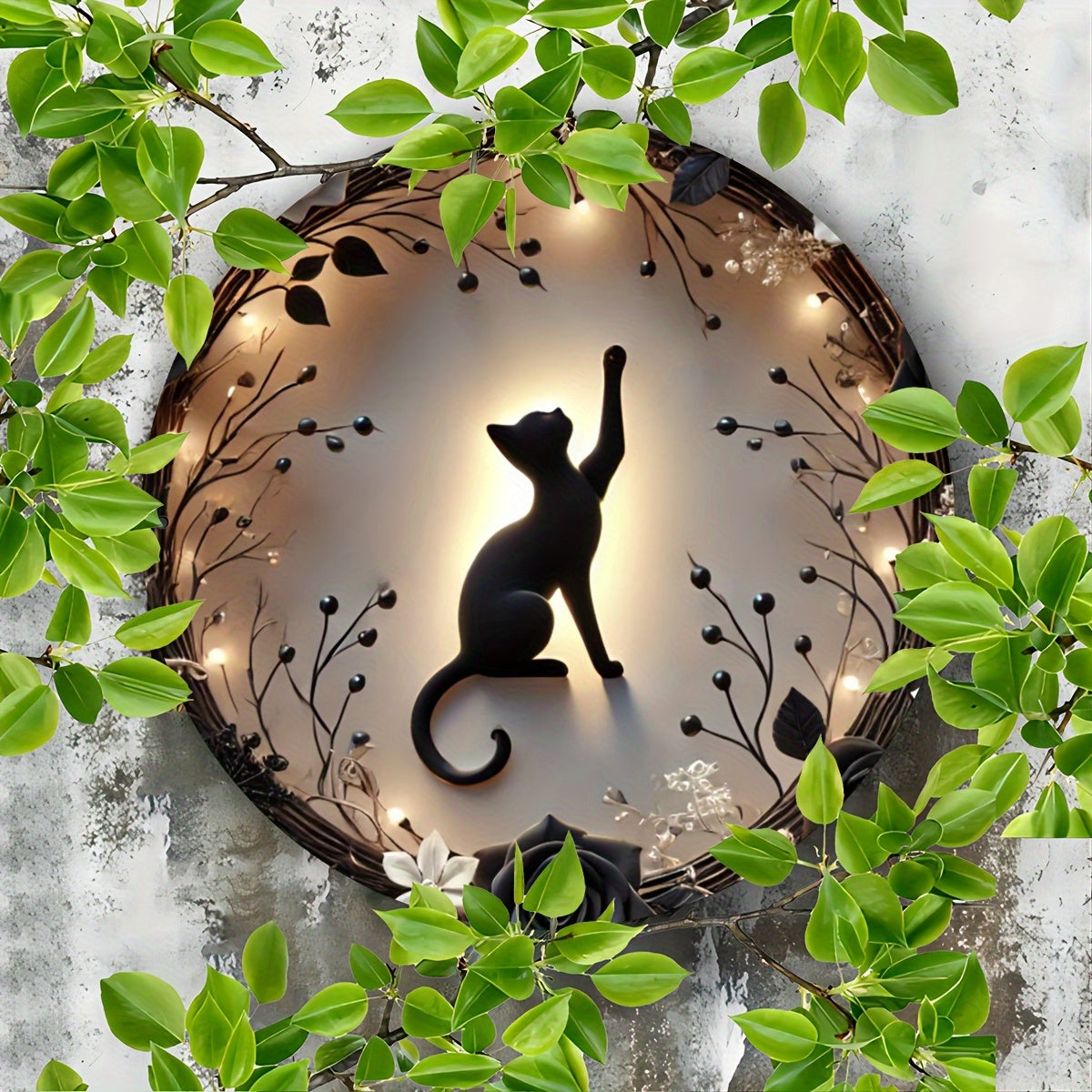 Halloween Black Cat Silhouette Metal Wreath Sign - Aluminum Engraving Wall Decor with Floral Accents for Home, Cafe, Gym, Restroom - Festive Indoor Holiday Art Piece