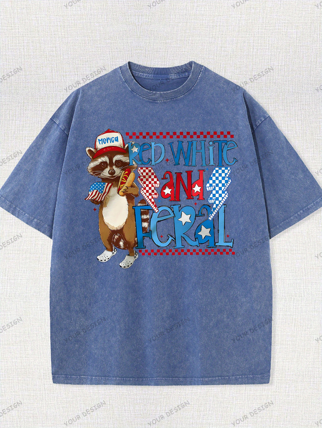 230G Washed Old Cotton T-Shirt, Fashionable 4Th of July, Wild Raccoon, American Flag Design, Independence Day, Dad'S Gift, Relaxed Street Style.