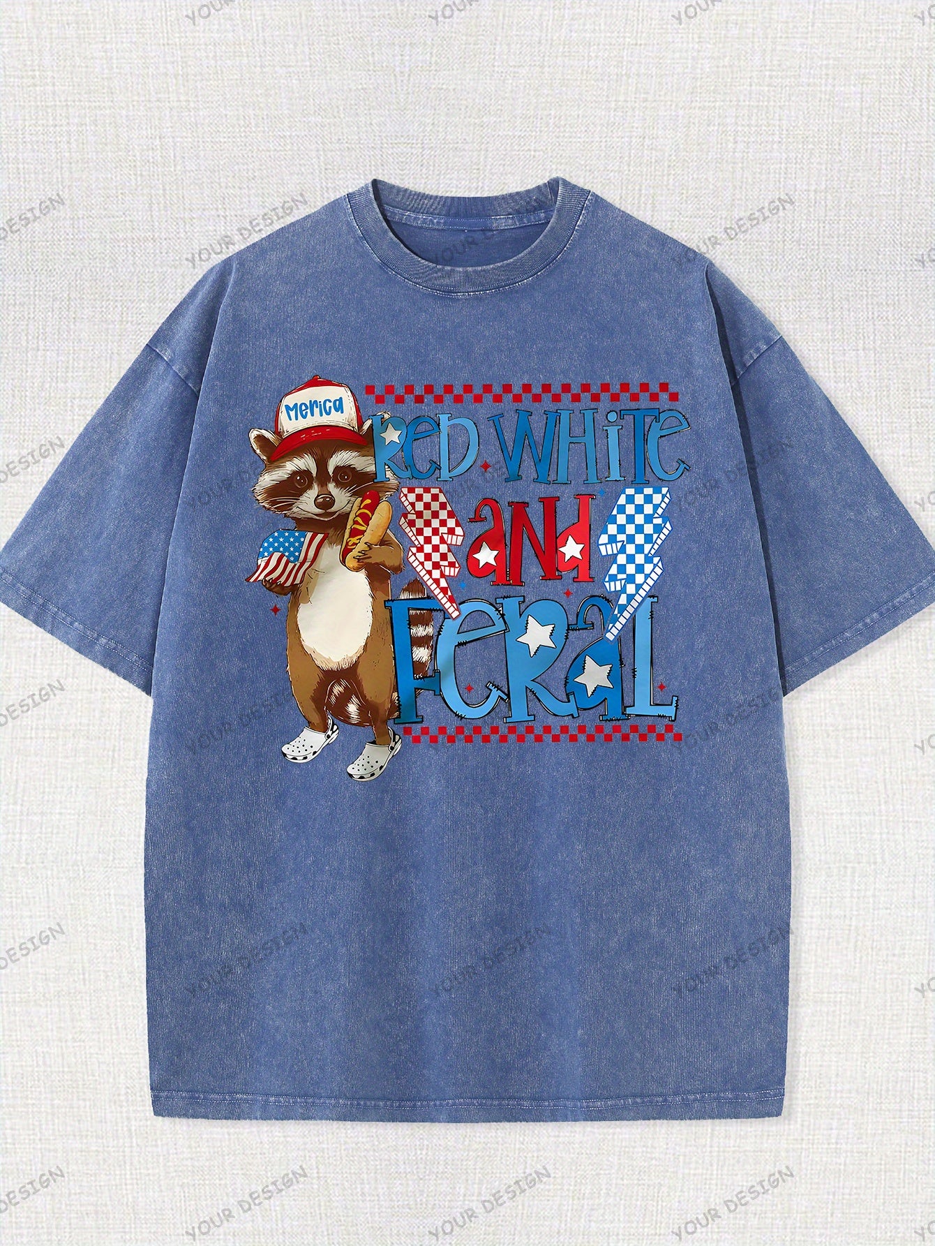 230G Washed Old Cotton T-Shirt, Fashionable 4Th of July, Wild Raccoon, American Flag Design, Independence Day, Dad'S Gift, Relaxed Street Style.