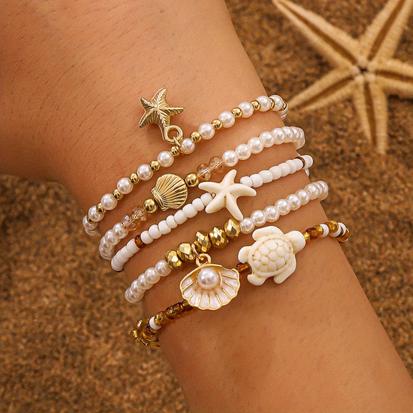 5pcs Bohemian Summer Ocean Style Stackable Bracelet Set, Featuring Starfish, Seashells, Turtles, and More Cute Charms, Exquisite Women'S Daily Wear, Beach Party, Vacation, Casual Accessories