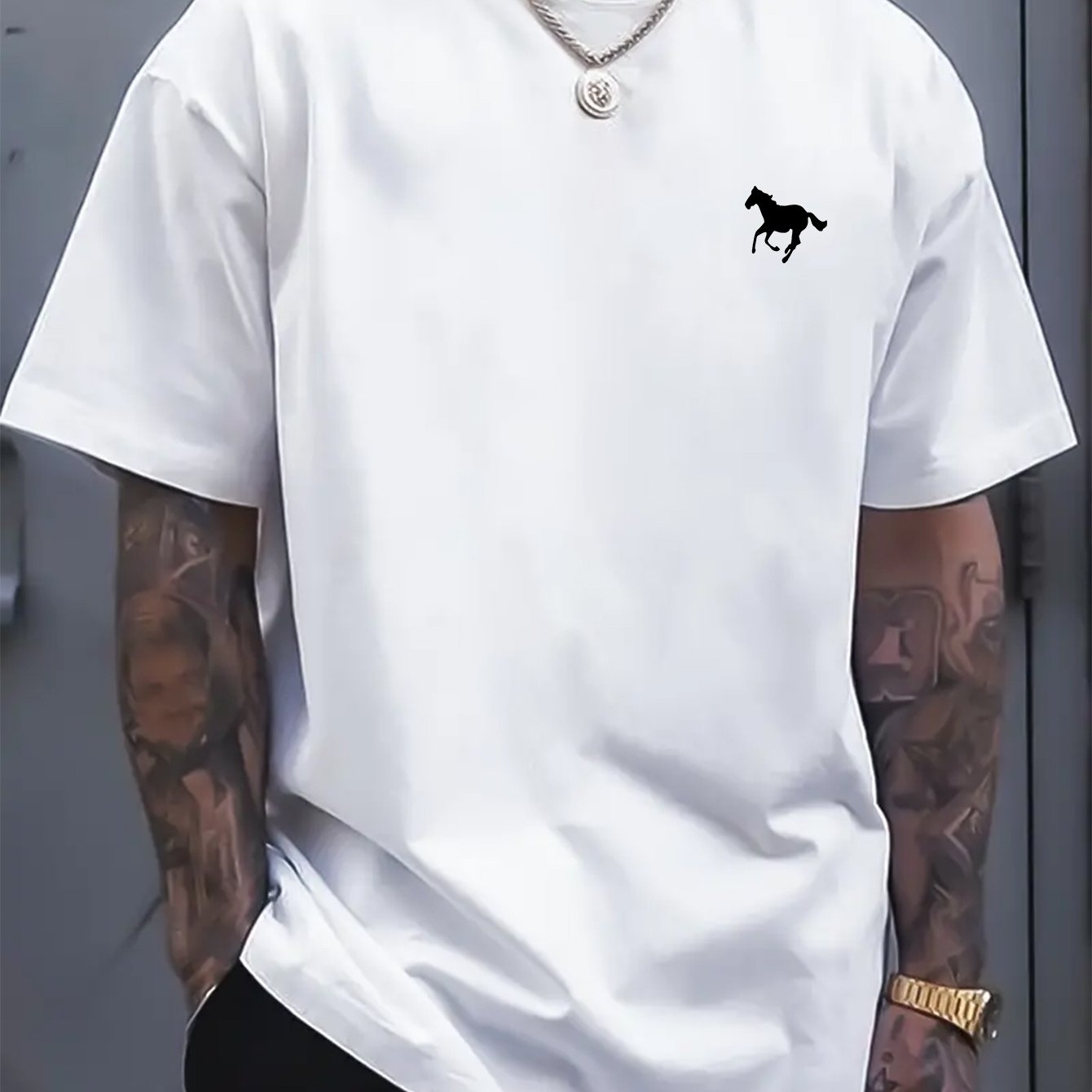 Classic Cotton Crew Neck T-Shirt - Soft, Breathable, Minimalist Horse Print, Comfortable Casual Wear for Everyday Activities