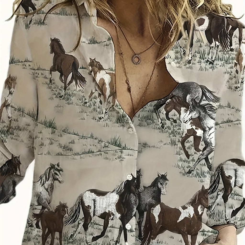 Vibrant Horse Print Long Sleeve Lapel Collar Shirt for Women - Button Front, Casual Polyester Shirt with Random Animal Pattern - Perfect for All Seasons