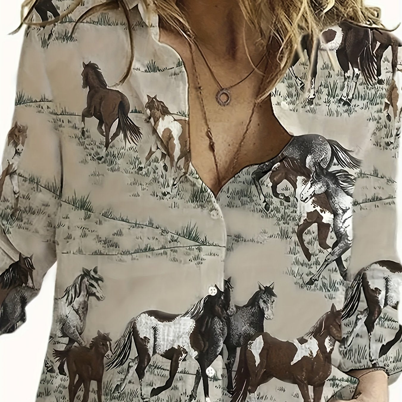 Vibrant Horse Print Long Sleeve Lapel Collar Shirt for Women - Button Front, Casual Polyester Shirt with Random Animal Pattern - Perfect for All Seasons