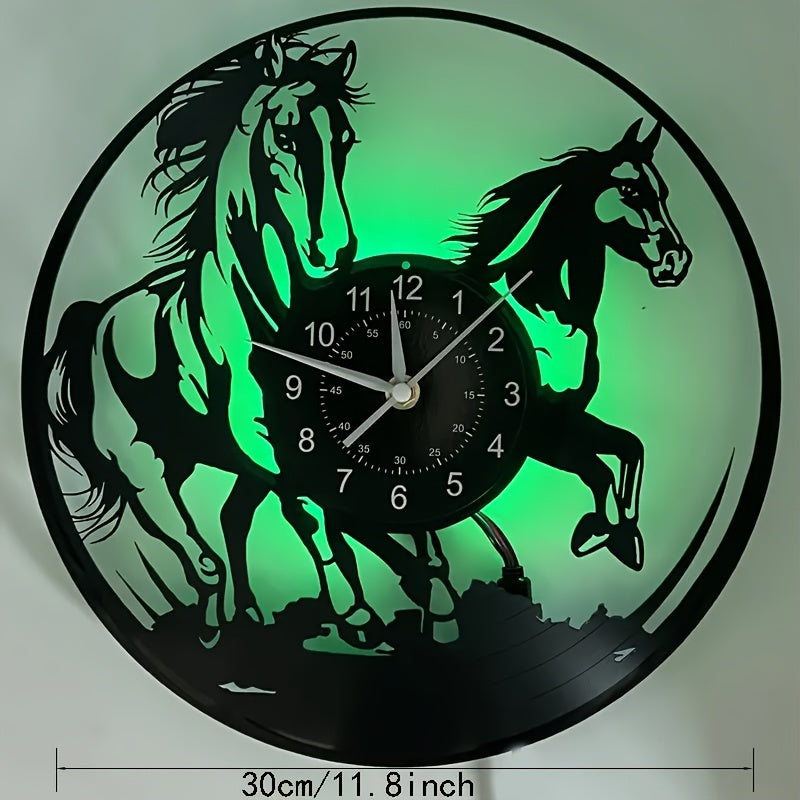 [Unique Vinyl LED Clock] Unique Luminous Vinyl LED Wall Clock | Handmade Running Horse Design Home Wall Art Decor for Living Room, Bedroom, Office, Garage, Kitchen | Original Gift for Birthday, Mothers Day, Spring Season, Gra