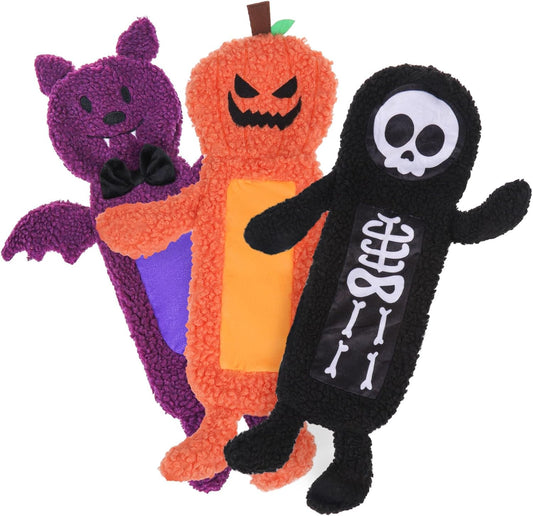Stuffless Halloween Dog Squeaky Toys for Small Medium Dogs, Crinkle Puppy Chew Toy, 3 Pack Cute Animals Shape Soft Pet Plush Teething Toys(Skeleton & Pumpkin & Bat)