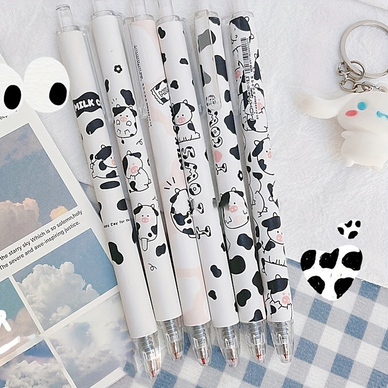 6pcs Vibrant Black Ink Cartoon Milk Cow Retractable Gel Pens Set - Fine 0.5mm Bullet Nib, Smooth Writing Experience, Ergonomic Design, Perfect for School, Office, and Artistic Creations