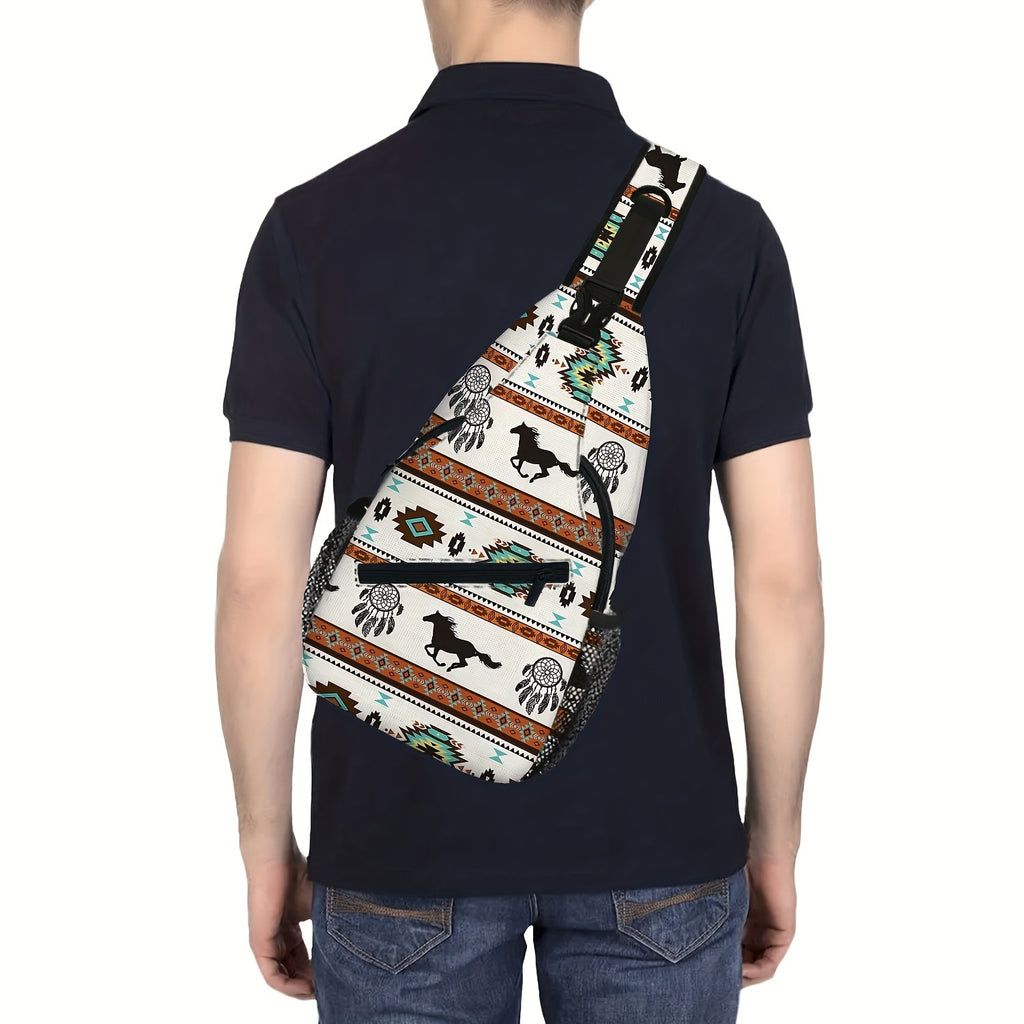 Totem Style Horse Pattern Print Casual Sling Bag, Men's And Women's Crossbody Bag For Travel & Daily Commute