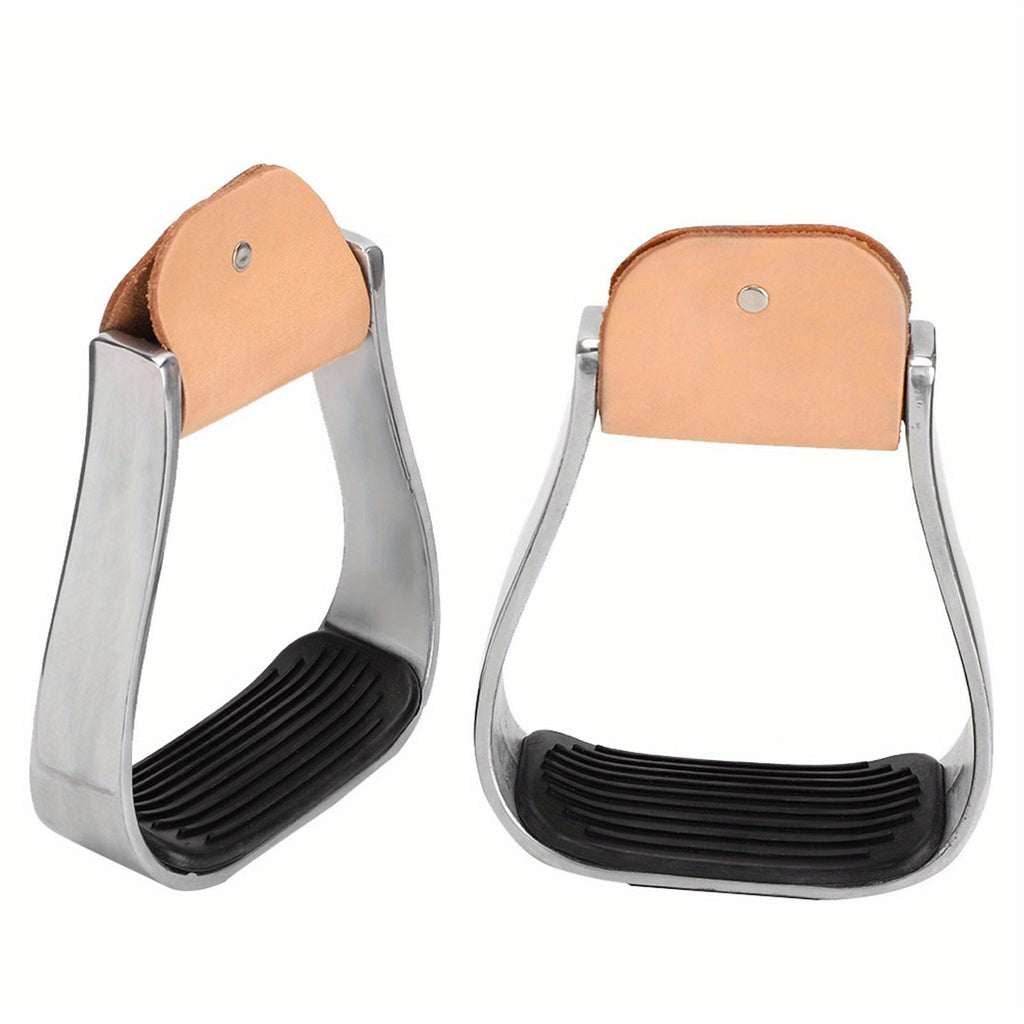 1 Pair Equestrian Aluminum Alloy Stirrups with Cushioned Leather Pads - Durable Horse Riding Saddle Tack Overshoes, Black