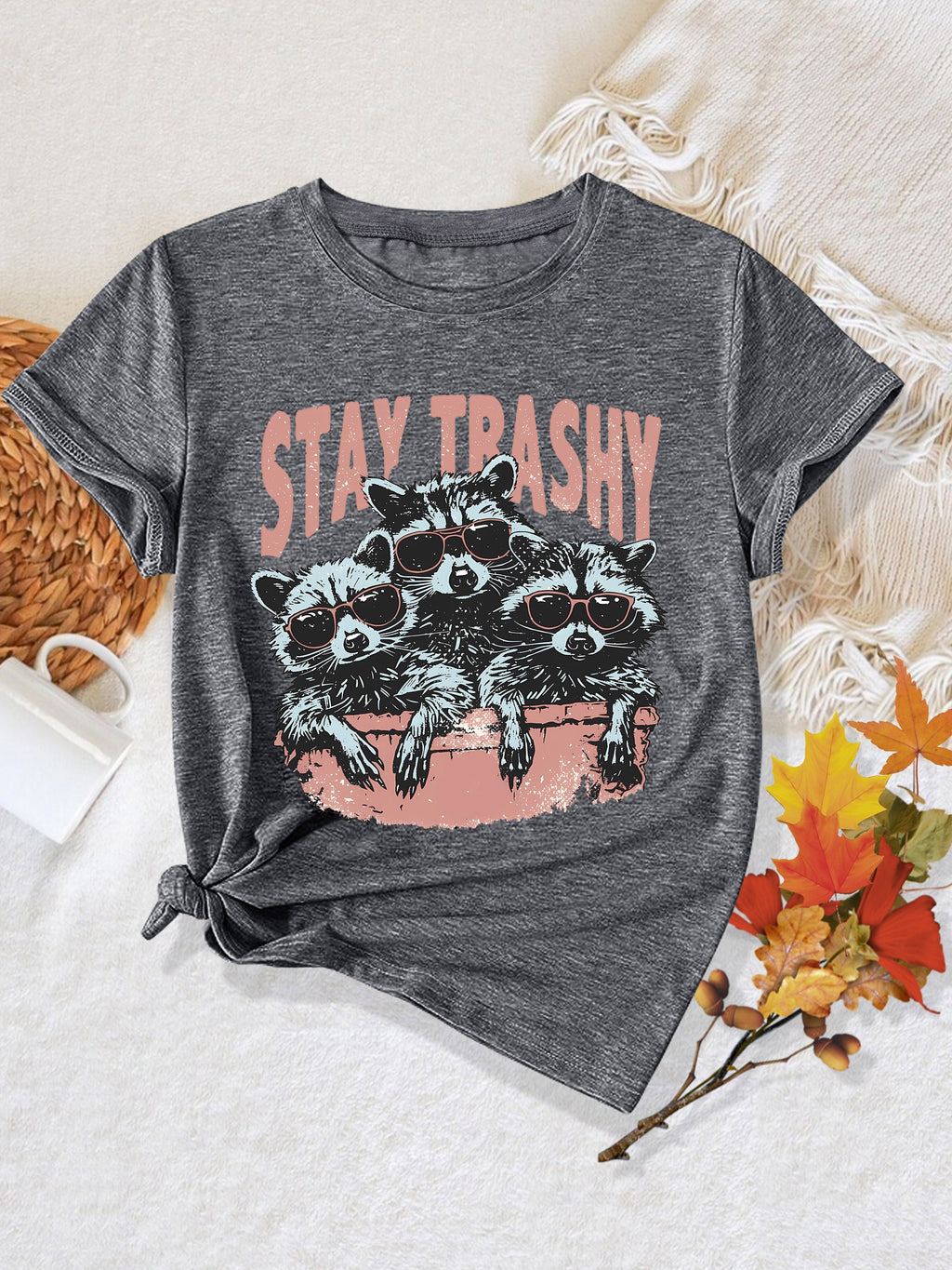 Whimsical Animal Series - Three Little Raccoon Graphic Print Round Neck Short Sleeve Sports T-Shirt - Casual Fashionable, Trendy, Elegant, Retro-Inspired Top for Adult Women
