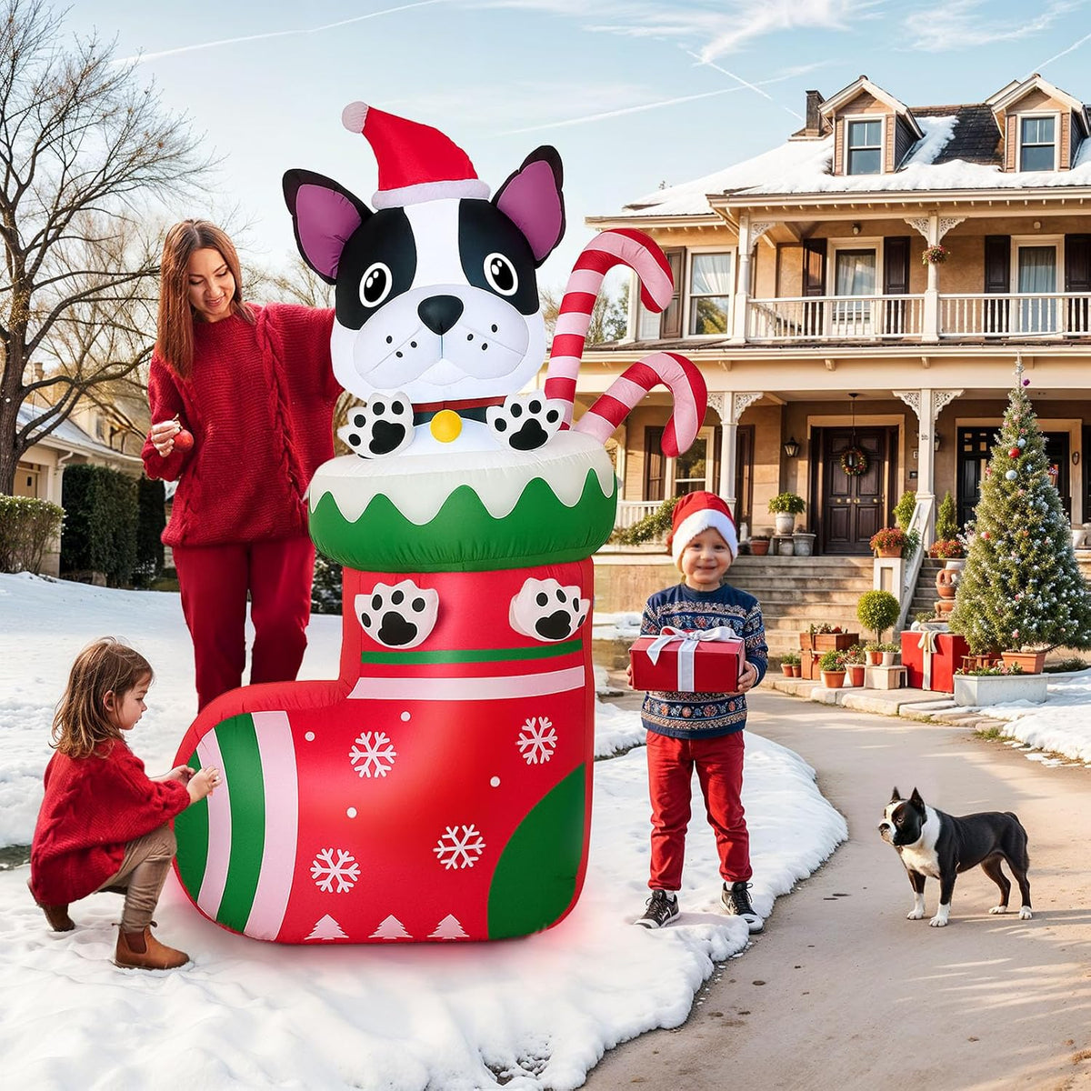 6FT Inflatable Christmas Dog in Stocking with LED Lights and Candy Cane - Outdoor Holiday Yard Decoration for Parties and Gardens
