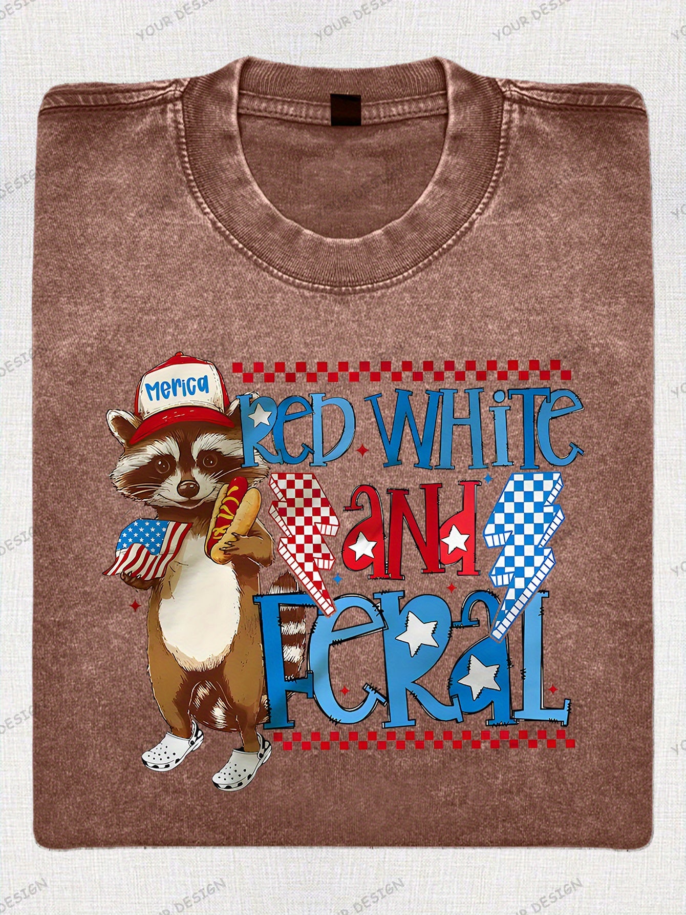 230G Washed Old Cotton T-Shirt, Fashionable 4Th of July, Wild Raccoon, American Flag Design, Independence Day, Dad'S Gift, Relaxed Street Style.