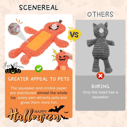 Stuffless Halloween Dog Squeaky Toys for Small Medium Dogs, Crinkle Puppy Chew Toy, 3 Pack Cute Animals Shape Soft Pet Plush Teething Toys(Skeleton & Pumpkin & Bat)