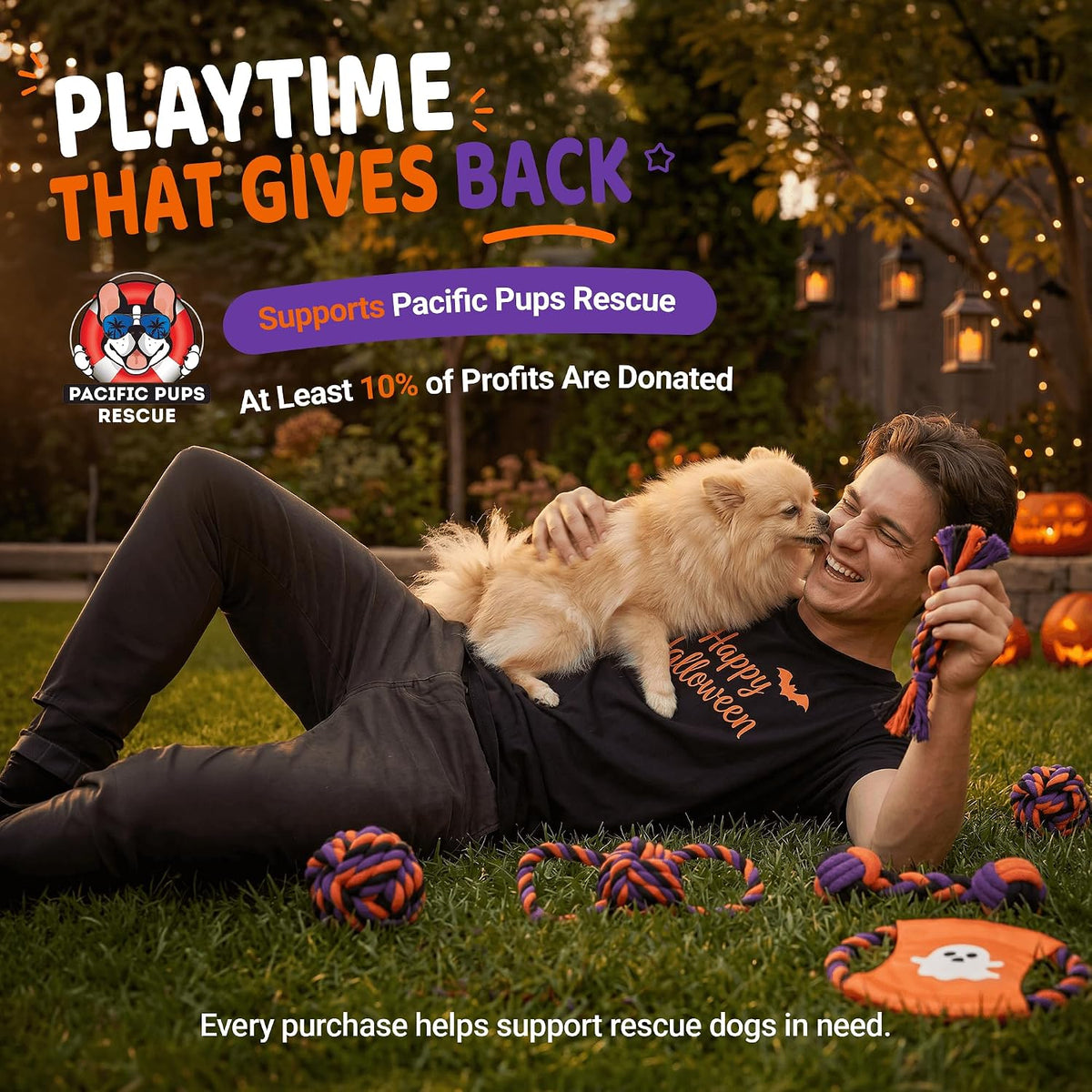 Halloween Dog Toys 8-Pack for Small Dogs — 8 Dog Rope Toys + Frisbee | Halloween Dog Toys Pack | Benefits Dog Rescue
