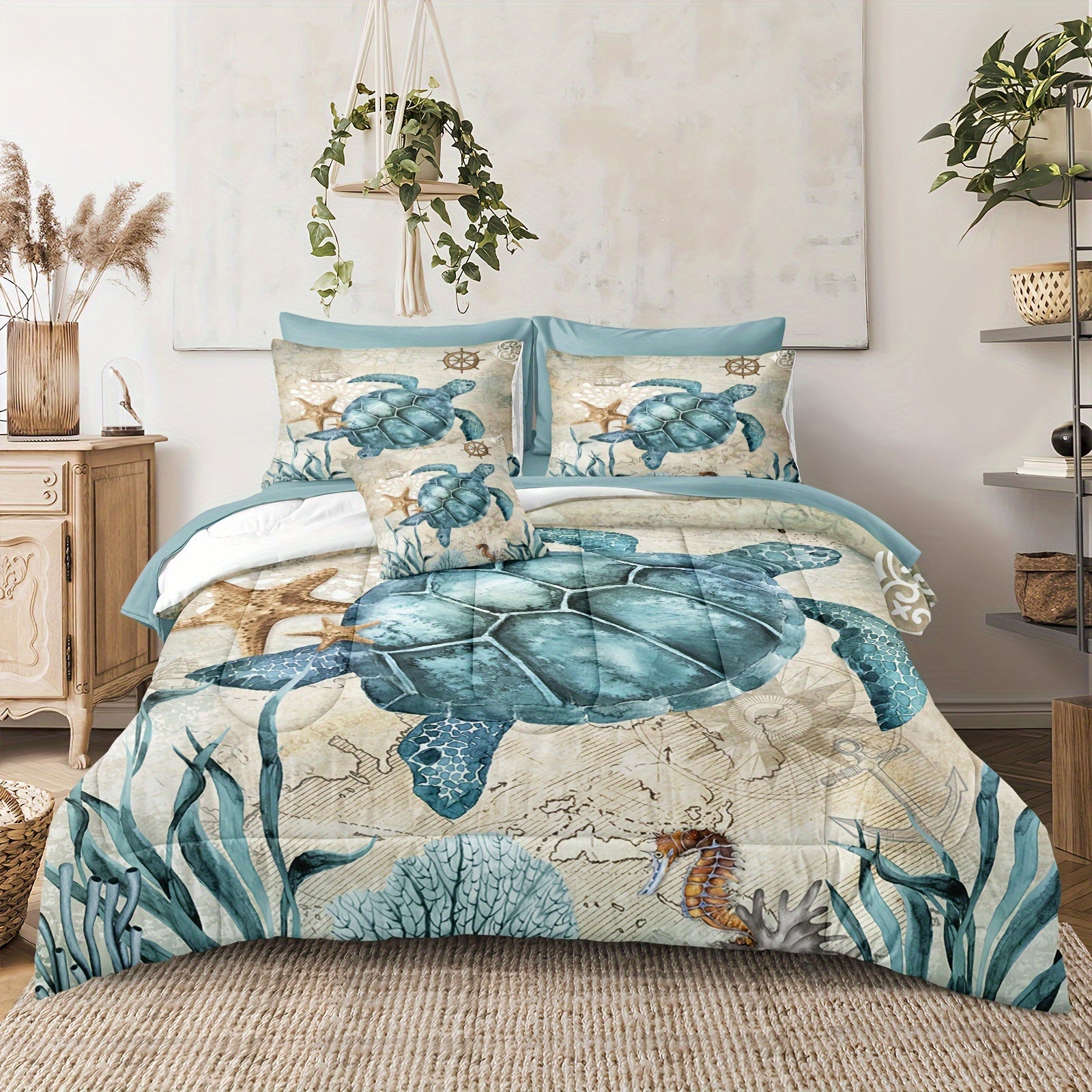 8 Pieces Blue Green Comforter Set Ocean Life Bed In A Bag Turtle Beach Bedding Set Hawaii Style Summer Lightweight Bedding Comforter Set 200g Microfiber Filling Soft Lightweight Comforter Set For All Seasons