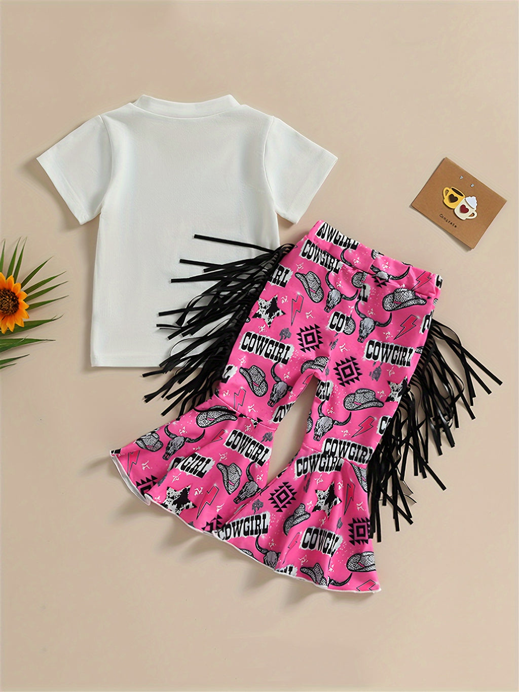 2pcs Toddler Girls Bull Head Graphic T-Shirt & Tassel Cow Graphic Flare Leg Pants Set for Summer Outdoor
