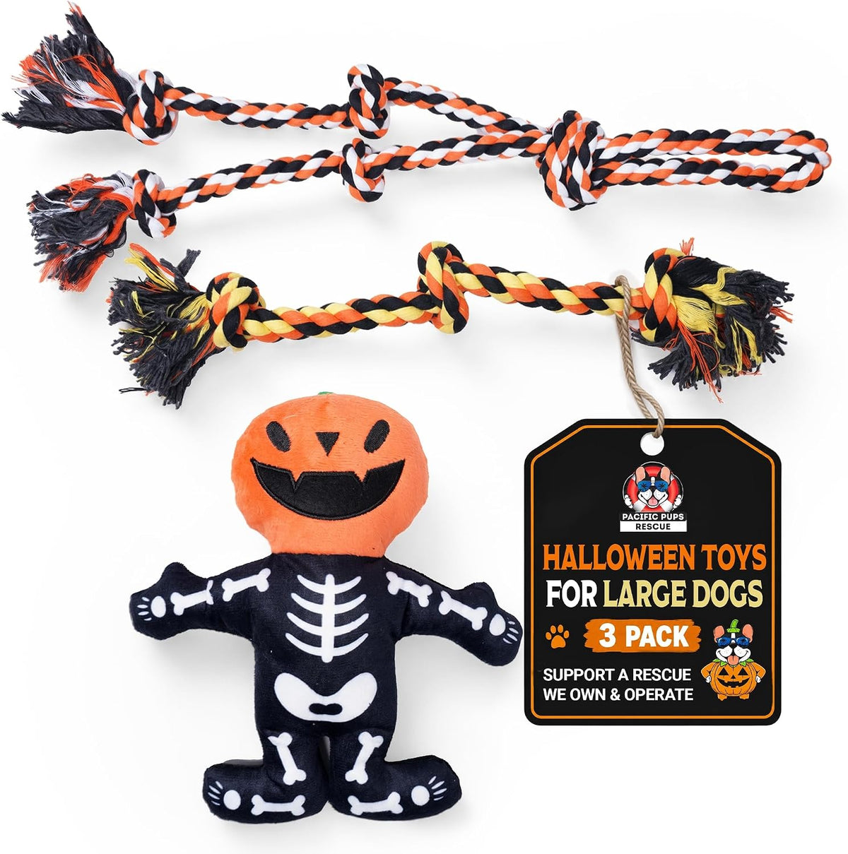 Halloween Dog Toys 8-Pack for Small Dogs — 8 Dog Rope Toys + Frisbee | Halloween Dog Toys Pack | Benefits Dog Rescue