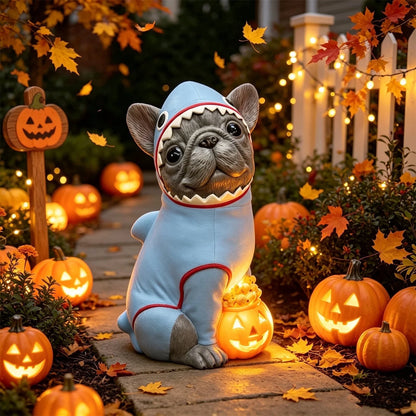 Halloween Illuminated Dog Figurine - 7.9in Scarecrow Dog Statue with Glowing Pumpkin, Waterproof Resin Table and Yard Decor