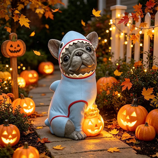 Halloween Illuminated Dog Figurine - 7.9in Scarecrow Dog Statue with Glowing Pumpkin, Waterproof Resin Table and Yard Decor