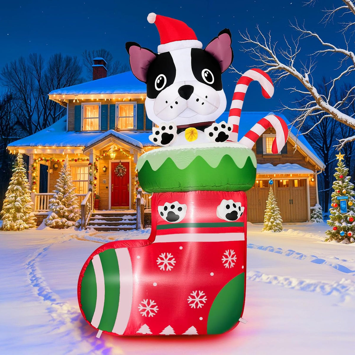 6FT Inflatable Christmas Dog in Stocking with LED Lights and Candy Cane - Outdoor Holiday Yard Decoration for Parties and Gardens