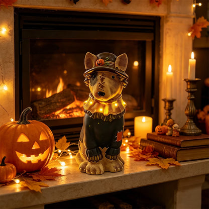 Halloween Illuminated Dog Figurine - 7.9in Scarecrow Dog Statue with Glowing Pumpkin, Waterproof Resin Table and Yard Decor
