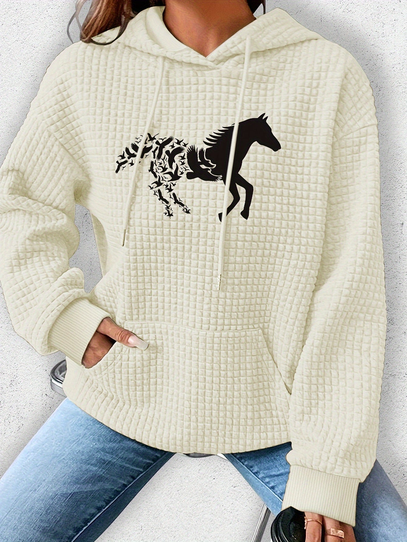 Vibrant Horse Print Waffle Hoodie - Soft, Cozy, and Casual Drawstring Kangaroo Pocket Sweatshirt for Women - Perfect for Fall and Spring Seasons