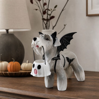 Halloween Illuminated Dog Figurine - 7.9in Scarecrow Dog Statue with Glowing Pumpkin, Waterproof Resin Table and Yard Decor