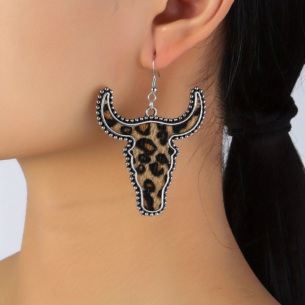 Flocking Cow/ Leopard Pattern Bull Head Design Dangle Earrings Retro Ethnic Style Western Holiday Earrings