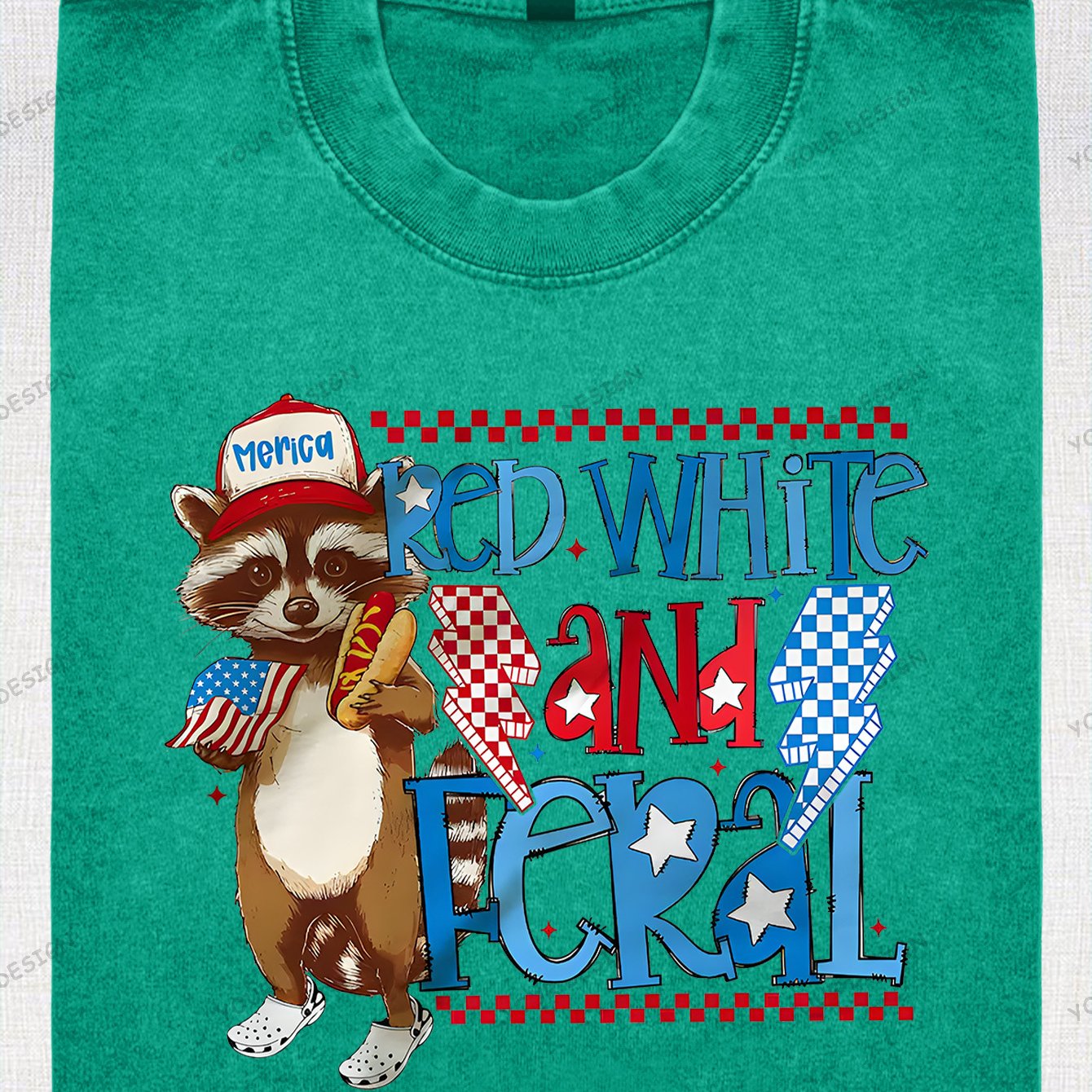 230G Washed Old Cotton T-Shirt, Fashionable 4Th of July, Wild Raccoon, American Flag Design, Independence Day, Dad'S Gift, Relaxed Street Style.