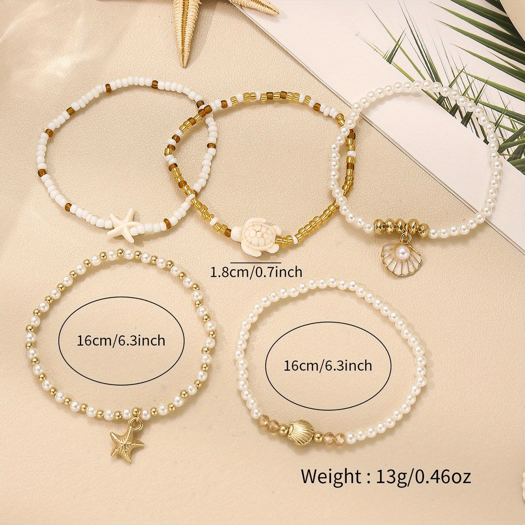 5pcs Bohemian Summer Ocean Style Stackable Bracelet Set, Featuring Starfish, Seashells, Turtles, and More Cute Charms, Exquisite Women'S Daily Wear, Beach Party, Vacation, Casual Accessories