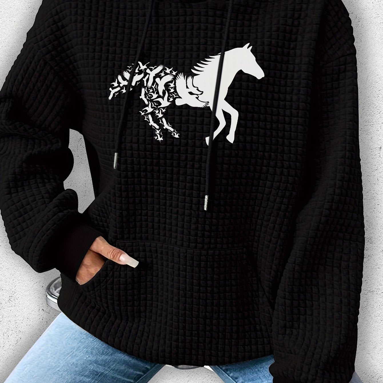 Vibrant Horse Print Waffle Hoodie - Soft, Cozy, and Casual Drawstring Kangaroo Pocket Sweatshirt for Women - Perfect for Fall and Spring Seasons