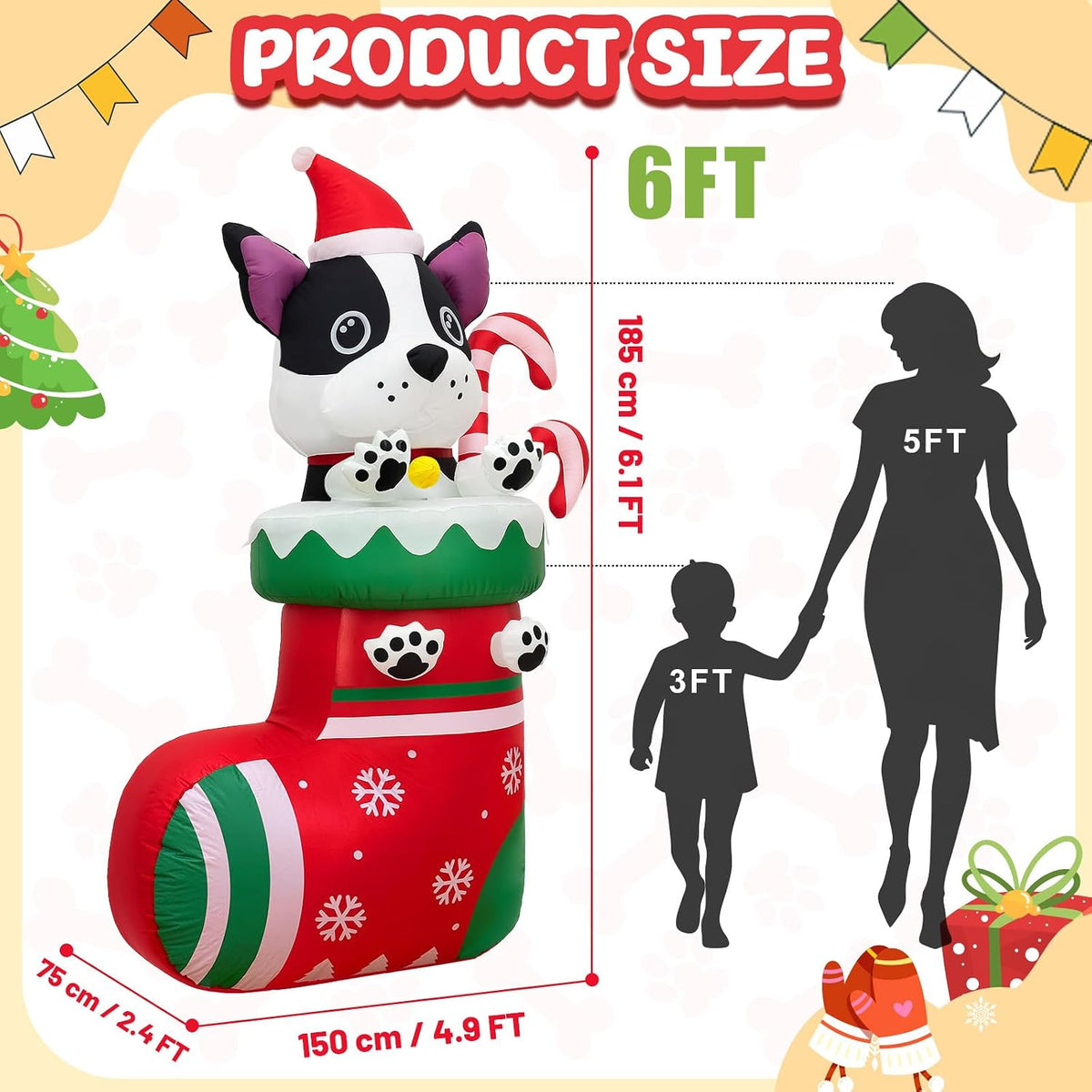 6FT Inflatable Christmas Dog in Stocking with LED Lights and Candy Cane - Outdoor Holiday Yard Decoration for Parties and Gardens