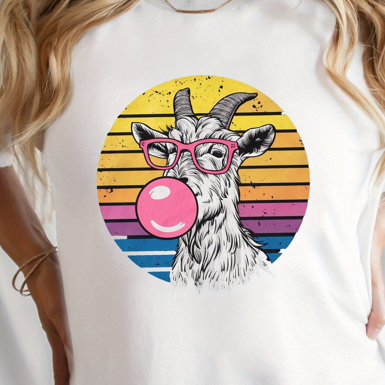 Goat Wearing Pink Glasses Print T-shirt, Short Sleeve Crew Neck Leisure T-shirt For Spring & Summer, Women's Clothing