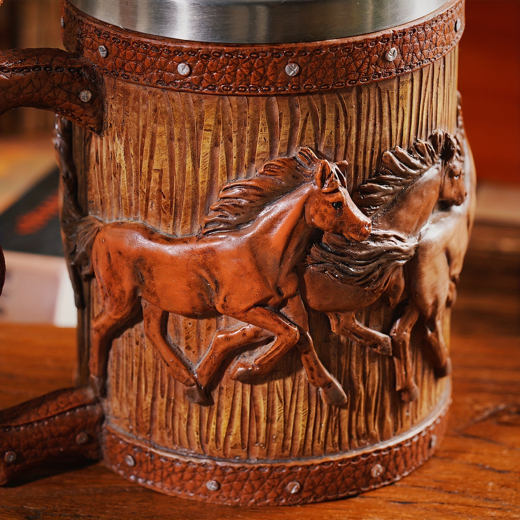 Viking Style Stainless Steel Mug with Horse Relief Design - Perfect for Christmas, Halloween, and Easter Celebrations