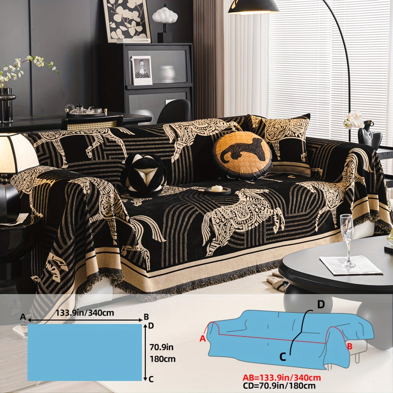 Luxurious Chenille Sofa Cover with Horse Design - Dual-Tone, Pet-Friendly & Machine Washable for Armchairs to L-Shaped Couches - Modern Home Decor Gift