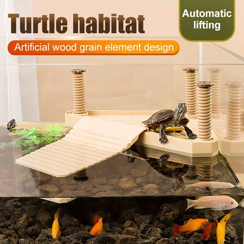 Wood Grain Basking Platform for Turtles, Plastic Climbing Rest, Deep Water Floating Habitat, High Water Level Ecological Ladder, Large Turtle Tank Accessory