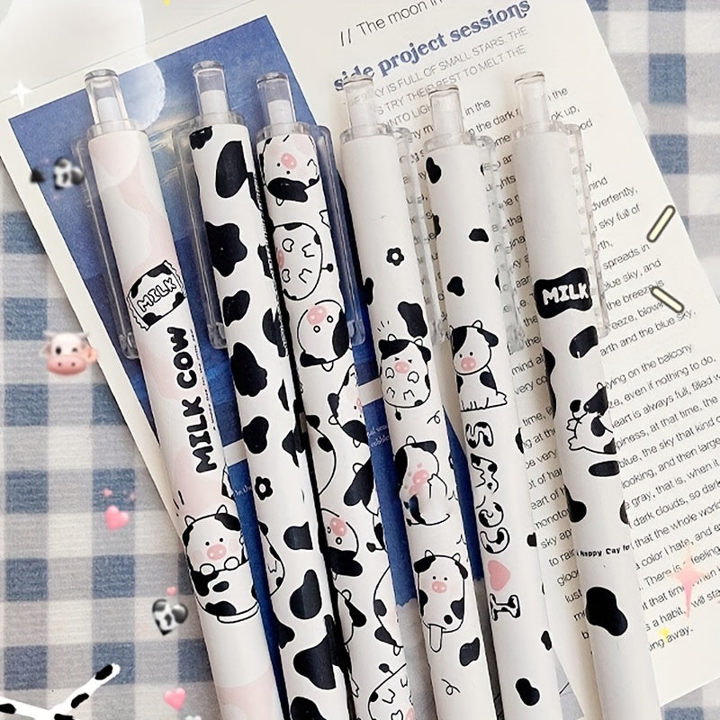6pcs Vibrant Black Ink Cartoon Milk Cow Retractable Gel Pens Set - Fine 0.5mm Bullet Nib, Smooth Writing Experience, Ergonomic Design, Perfect for School, Office, and Artistic Creations