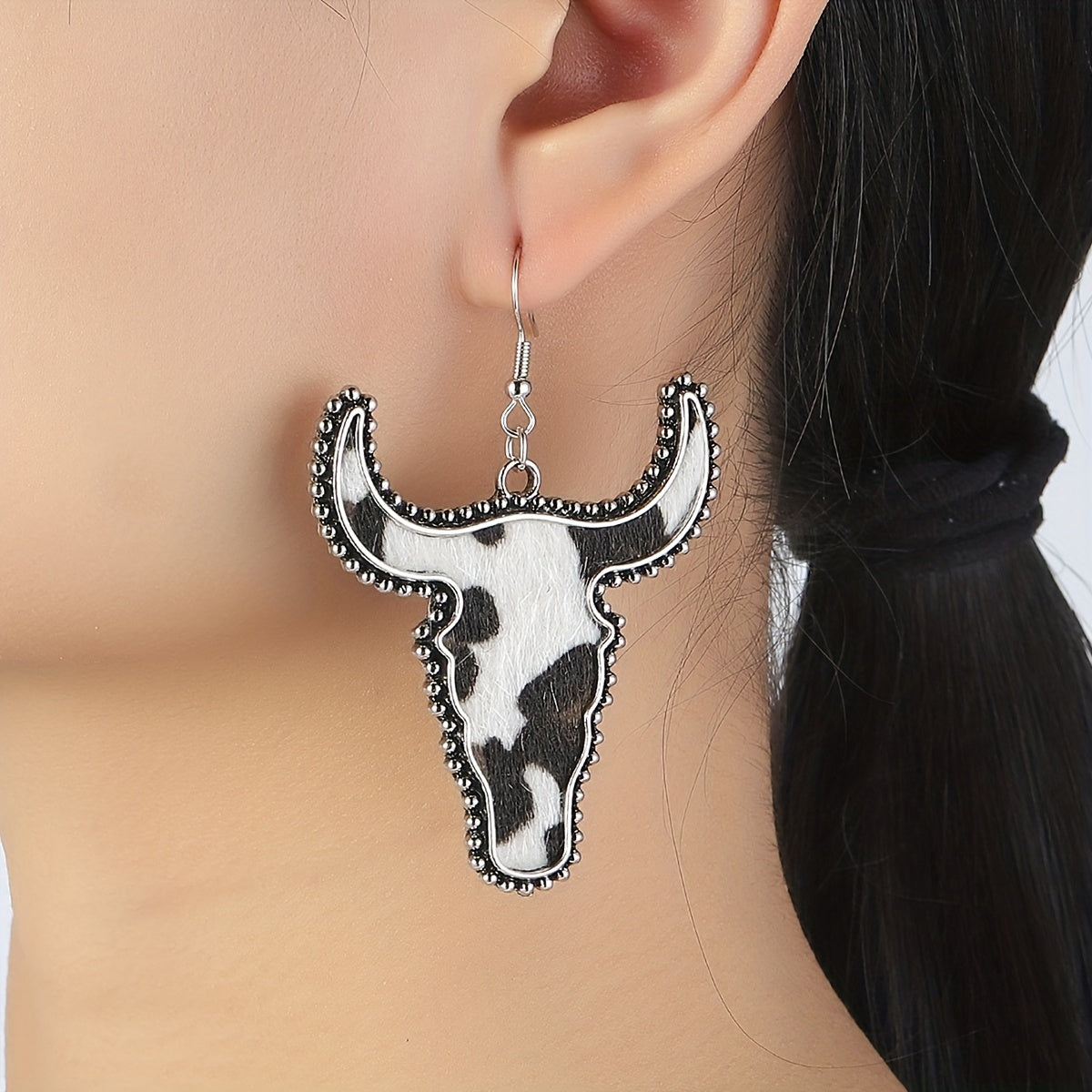 Flocking Cow/ Leopard Pattern Bull Head Design Dangle Earrings Retro Ethnic Style Western Holiday Earrings