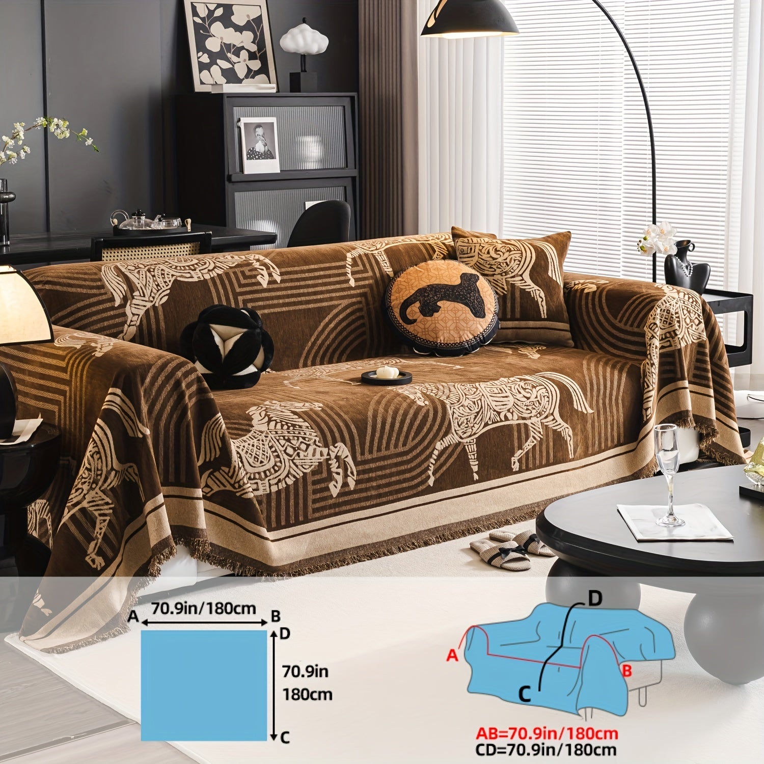 Luxurious Chenille Sofa Cover with Horse Design - Dual-Tone, Pet-Friendly & Machine Washable for Armchairs to L-Shaped Couches - Modern Home Decor Gift
